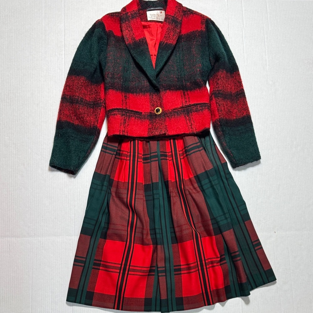 STANLEY BLACKER Vintage Tartan Plaid Red Green Wool Blazer Pleated‎ Skirt Set 4